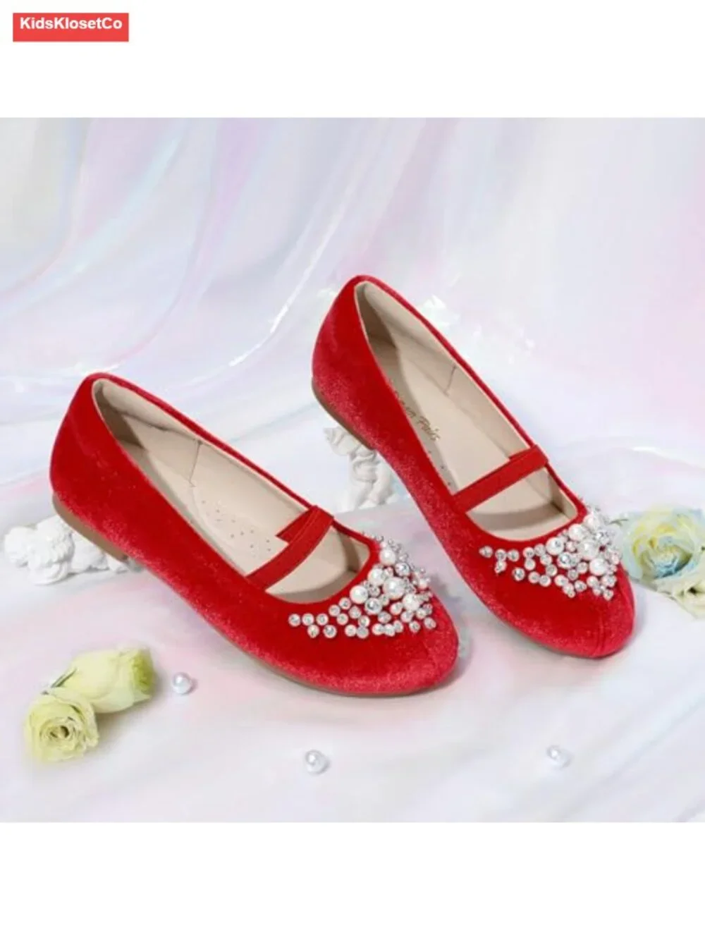 Girls Ballet Flats Mary Jane Dress Shoes Pearl Rhinestone Slip-On Party Wedding